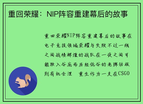 重回荣耀：NIP阵容重建幕后的故事